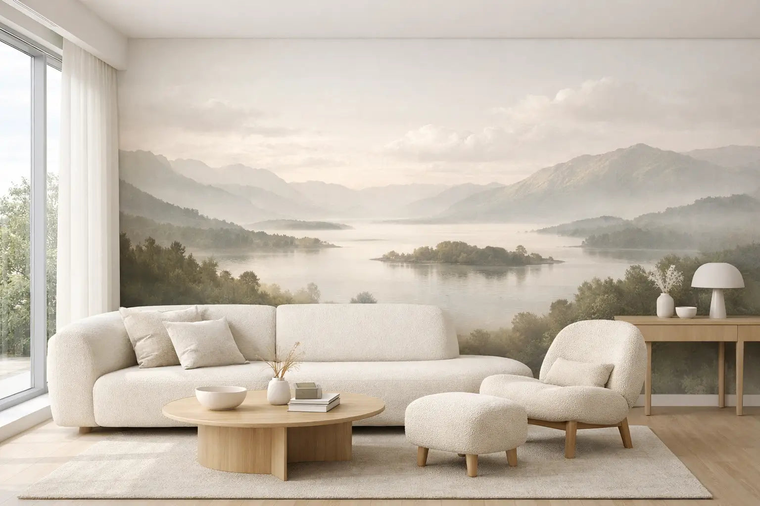 Canapé crème moelleux avec ottomane et fauteuil assortis