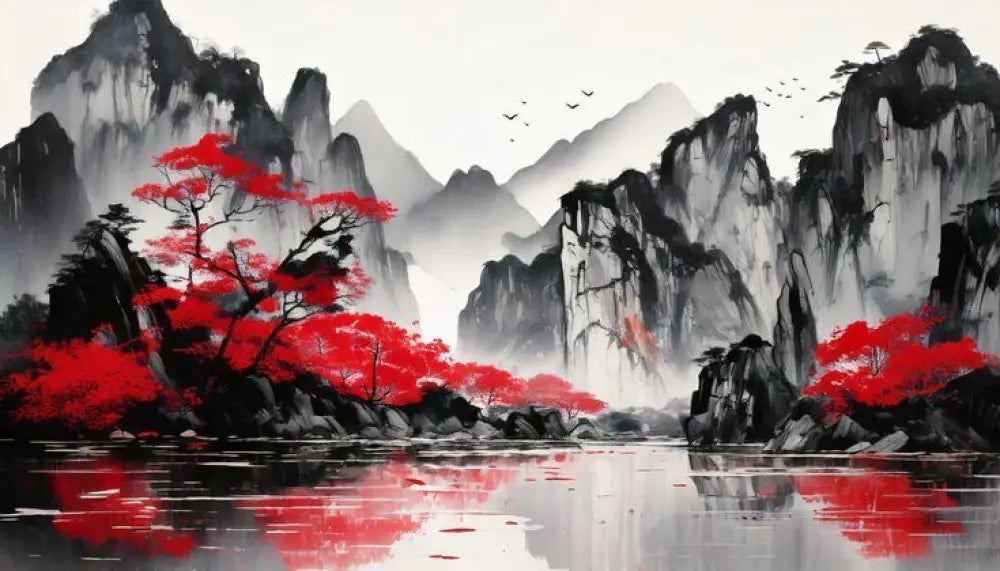 Un érable rouge frappant se détache sur un arrière-plan de montagnes brumeuses aux lavis d’encre dans cette peinture de paysage chinoise traditionnelle.