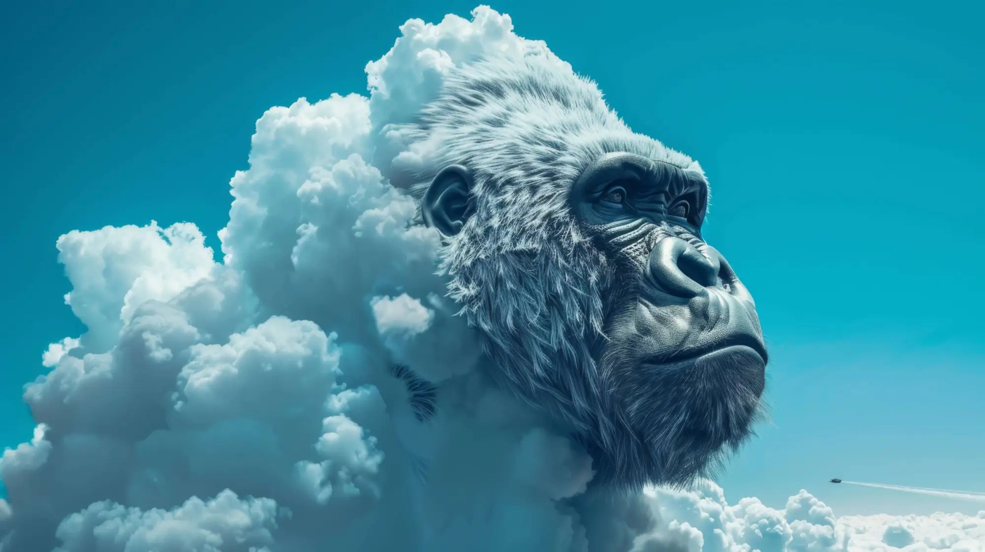 Une tête de gorille argenté majestueuse émergeant de nuages blancs volumineux sur un ciel bleu vibrant.