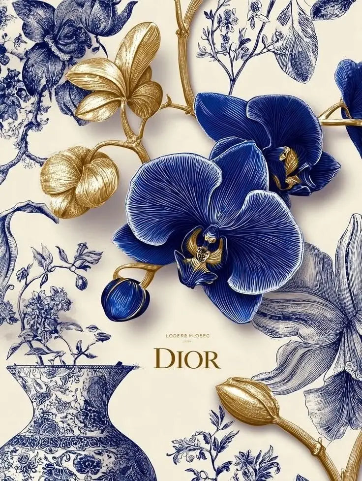 Un design luxueux à motif floral Dior mettant en scène des orchidées bleu foncé et des accents dorés sur un fond crème.