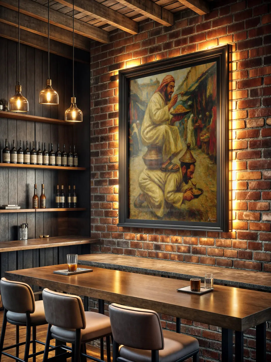 Une peinture à l’huile encadrée avec un cadre sombre et orné représentant deux figures en tenue traditionnelle sur un fond aux tons chauds.