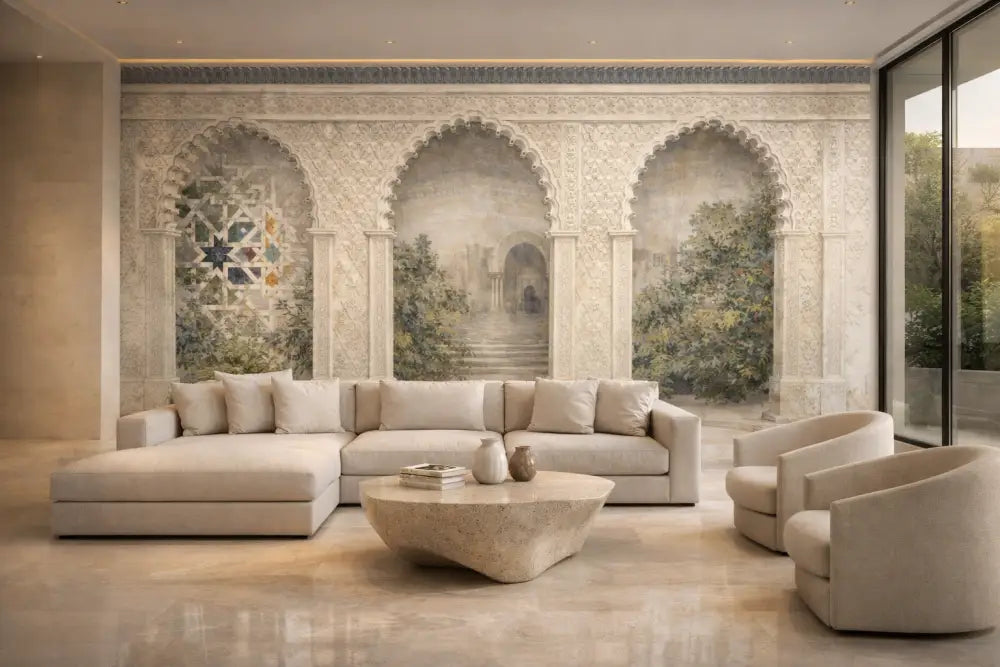 Canapé d’angle beige avec des coussins doux et moelleux et un design élégant et moderne.