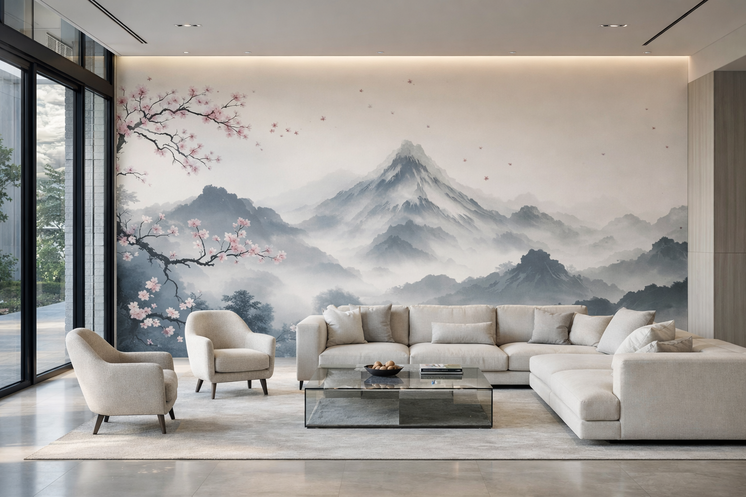 Papier Peint Panoramique Montagnes Brume & Cerisier – Fresque Zen Premium