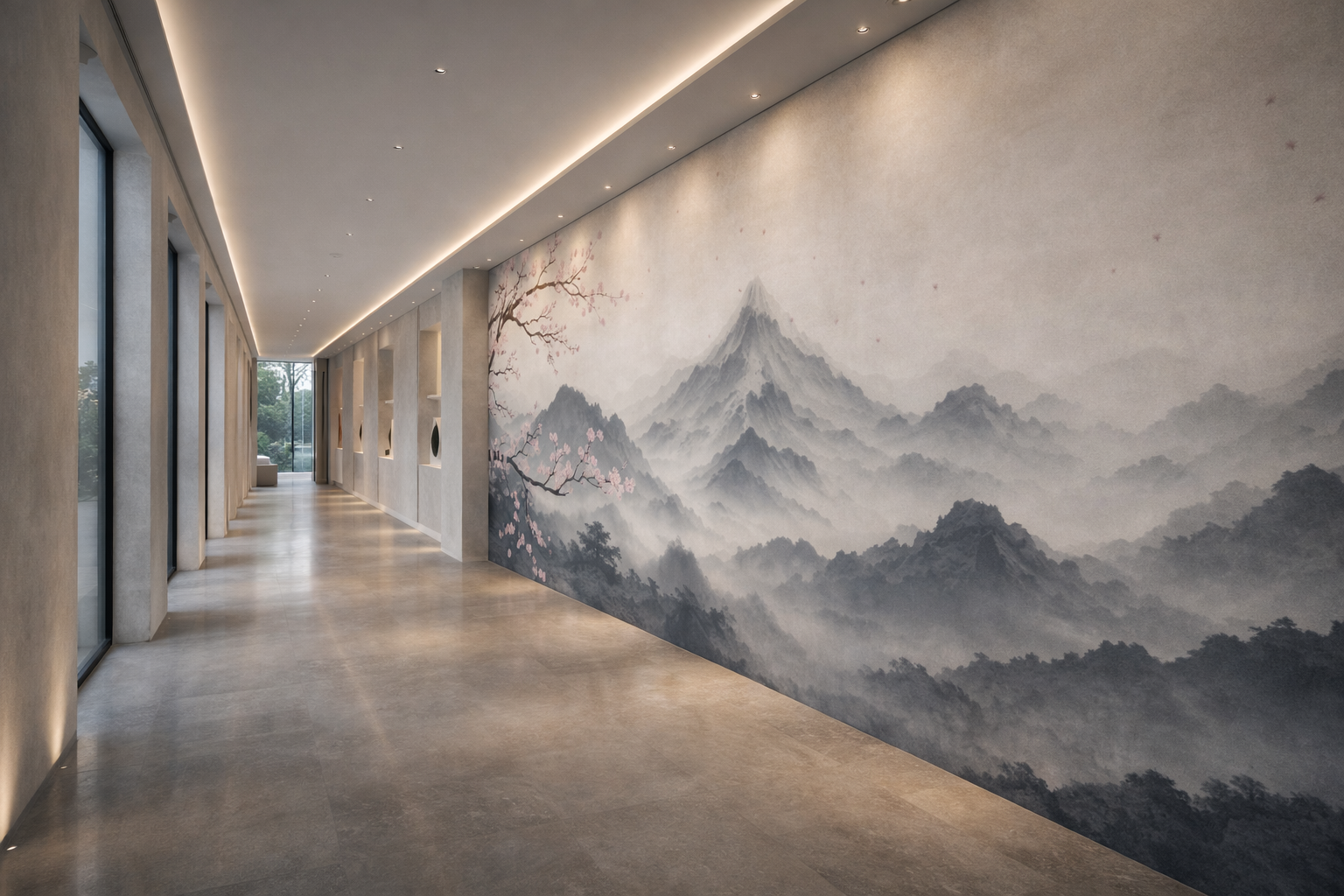 Papier Peint Panoramique Montagnes Brume & Cerisier – Fresque Zen Premium