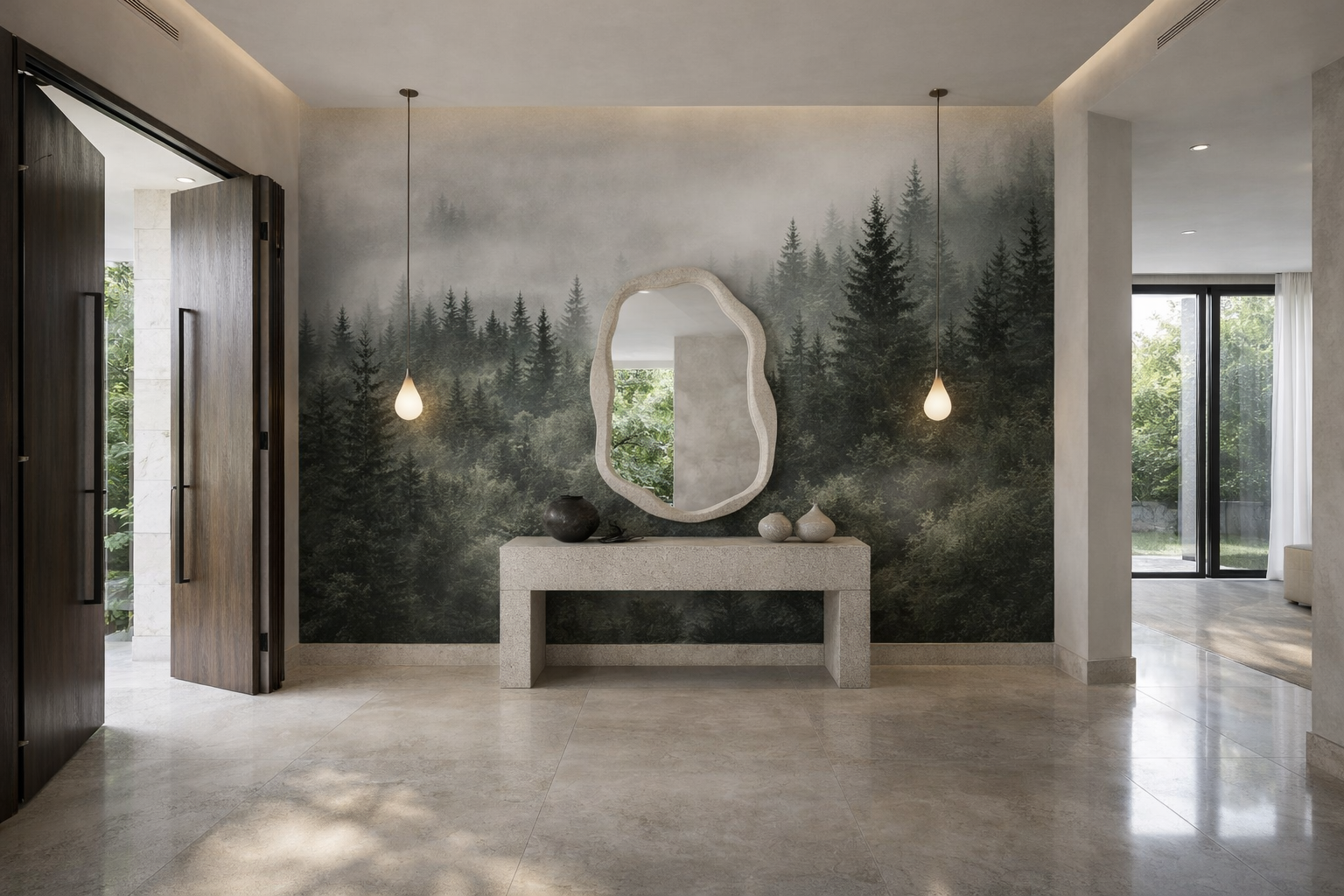 Papier Peint Panoramique Forêt Brumeuse – Vert Sapin Premium | Pixara