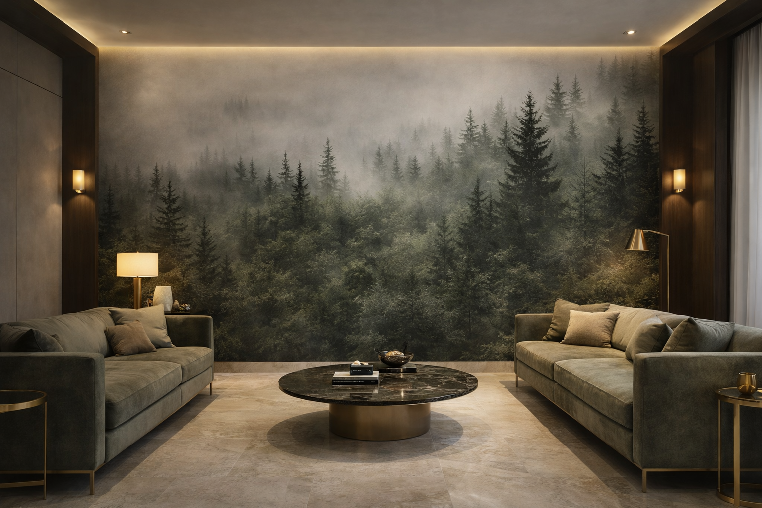 Papier Peint Panoramique Forêt Brumeuse – Vert Sapin Premium | Pixara