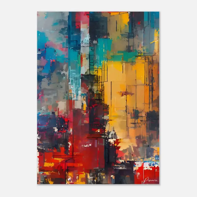 Peinture abstraite sur toile vibrante présentant des coups de pinceau audacieux en rouge, bleu, jaune et turquoise sur un fond texturé.