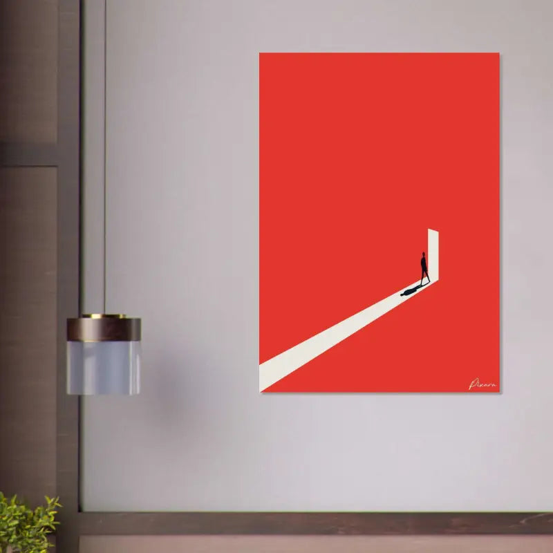 Une impression sur toile rouge minimaliste présentant une silhouette noire d’une personne marchant le long d’un chemin diagonal blanc vers une porte ouverte.