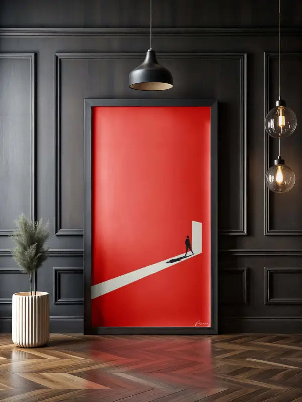 Une œuvre d’art minimaliste audacieuse en rouge dans un cadre noir élégant, présentant une silhouette solitaire marchant le long d’un chemin diagonal blanc sur un fond vibrant.