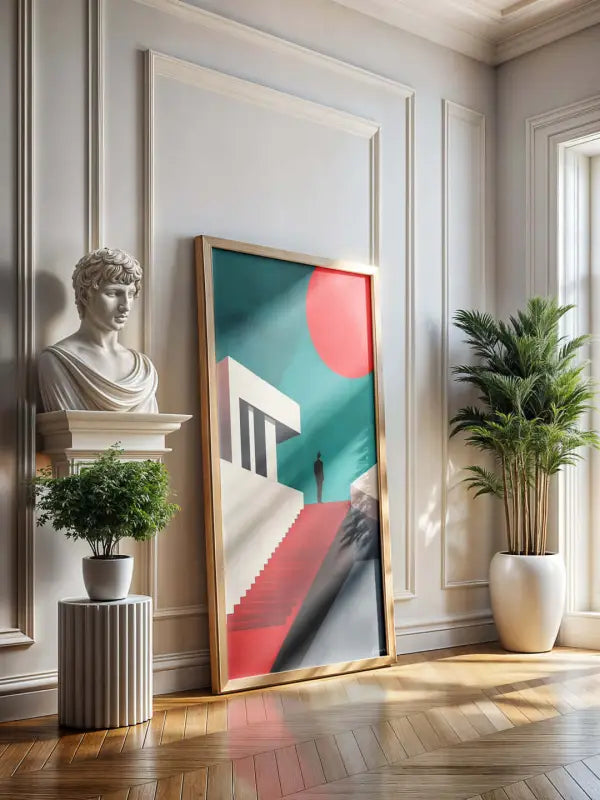 Une œuvre d’art encadrée haute et orientée verticalement avec un cadre de couleur or présentant une scène abstraite de formes géométriques et d’accents rouges audacieux sur fond turquoise.