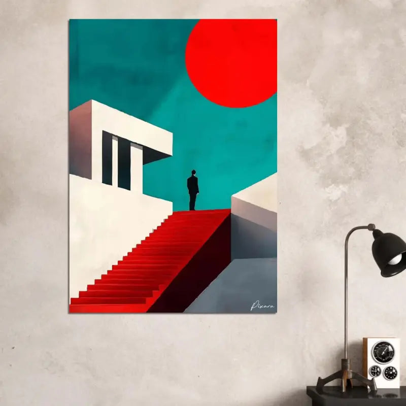 Une peinture abstraite sur toile audacieuse présentant un escalier rouge frappant menant vers le haut, placé contre une architecture géométrique turquoise et blanche sous un grand soleil circulaire rouge.