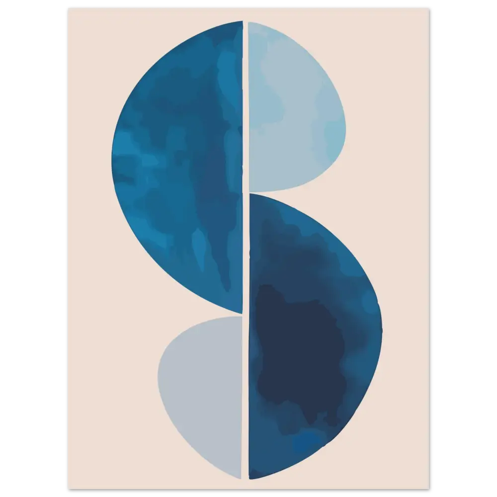 Impression abstraite mettant en scène deux demi-cercles semi-transparents, verticalement divisés et superposés, dans des nuances variées de bleu sur un fond beige doux.