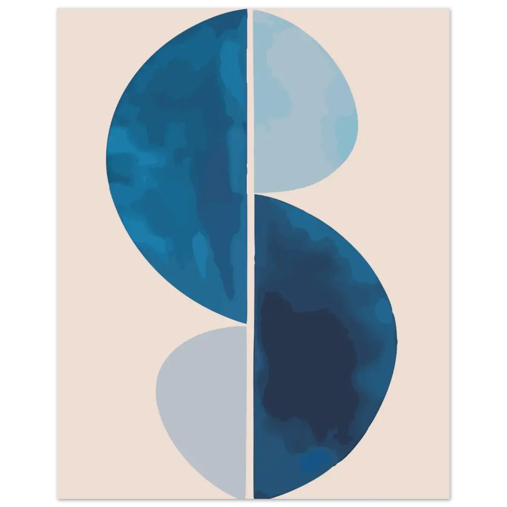 Impression d’art abstrait mettant en scène deux demi-cercles semi-transparents superposés, verticalement divisés, dans des nuances variées de bleu sur un fond beige doux.