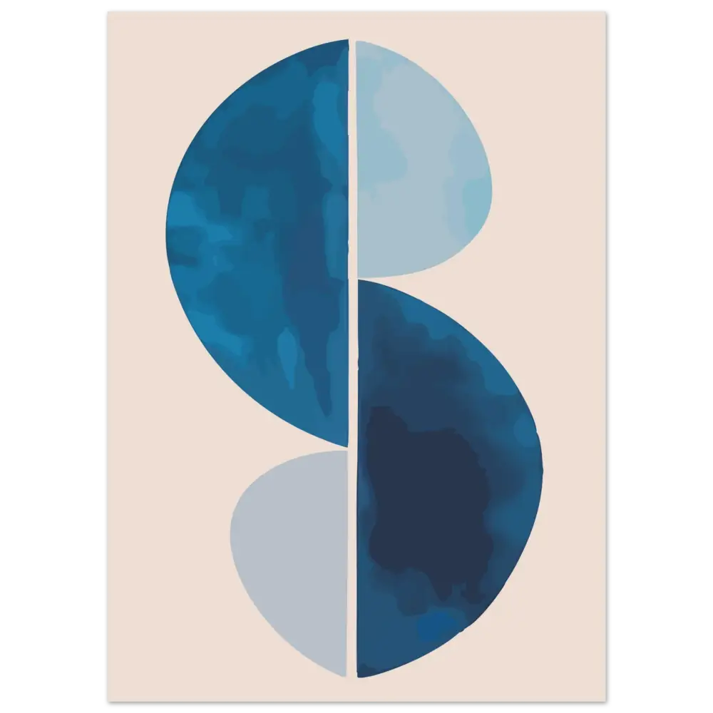 Œuvre d’art en forme de S style aquarelle bleu abstrait et gris clair sur un fond beige.