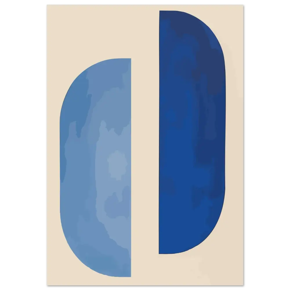 Impression d’art abstrait mettant en vedette une lettre ’d’ audacieuse, divisée verticalement en deux nuances de bleu sur un fond de couleur crème.