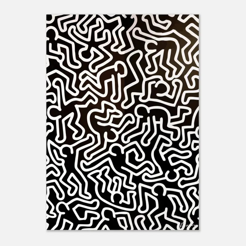 Impression d’art abstrait noir et blanc mettant en scène des figures stylisées et interconnectées dans un design en lignes audacieux.