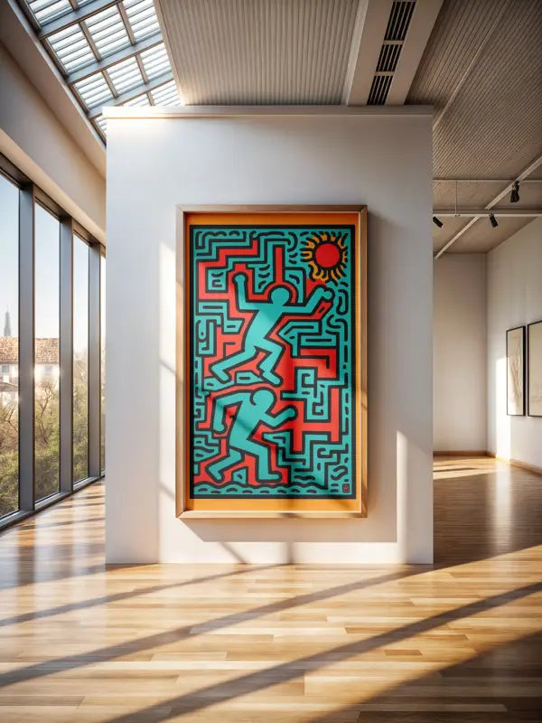 Une œuvre d’art encadrée vibrante mettant en scène deux figures turquoise stylisées courant à travers un labyrinthe rouge sur un fond turquoise avec un motif de soleil.