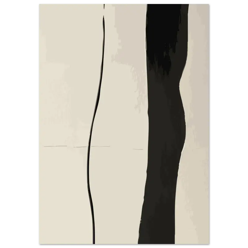Peinture minimaliste abstraite mettant en vedette des coups de pinceau noirs audacieux sur un fond doux blanc cassé.