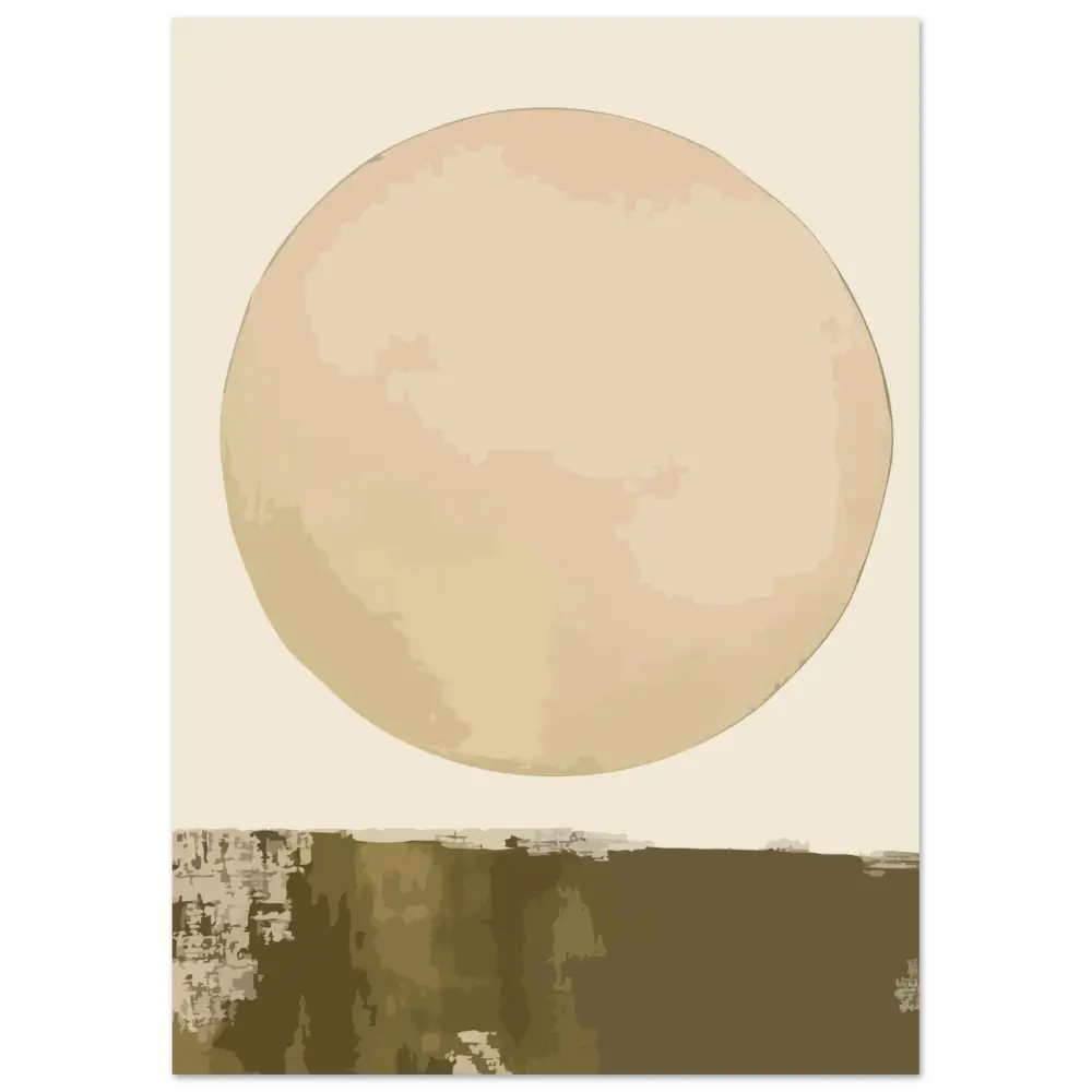 Une estampe d’art minimaliste présentant un grand cercle beige doux sur un fond crème atténué avec un terrain abstrait brun terreux en dessous.