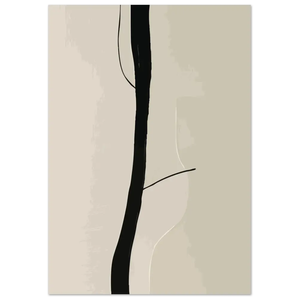 Peinture abstraite minimaliste présentant un trait vertical noir audacieux sur un fond beige doux.