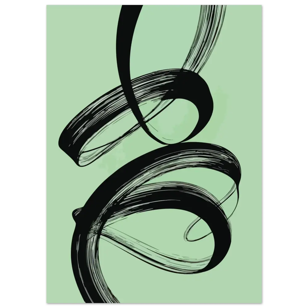 Art abstrait au pinceau noir sur un fond vert menthe.