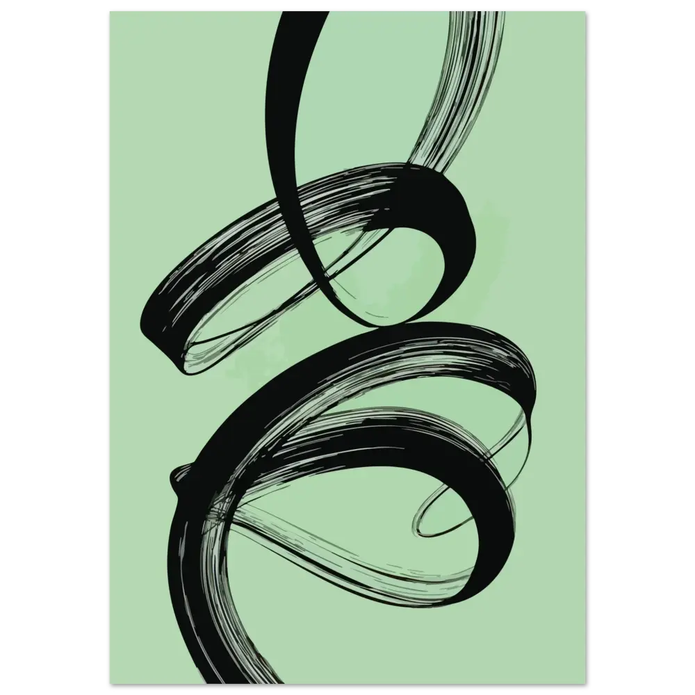 Art abstrait à coups de pinceau noir sur un fond vert menthe.