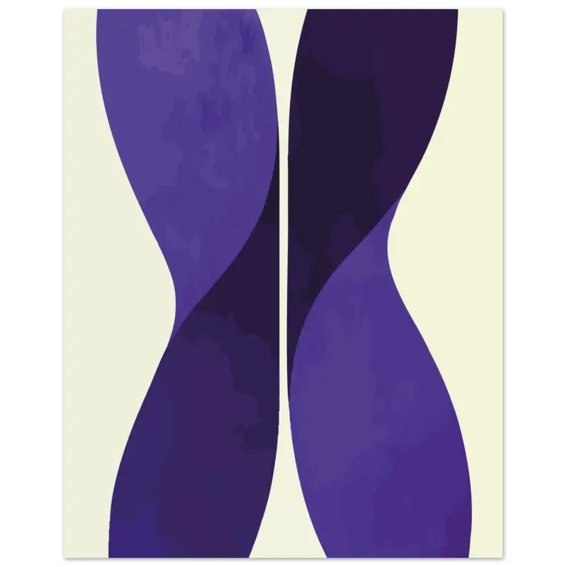Impression d’art abstrait présentant deux formes violettes fluides et symétriques sur un fond crème.