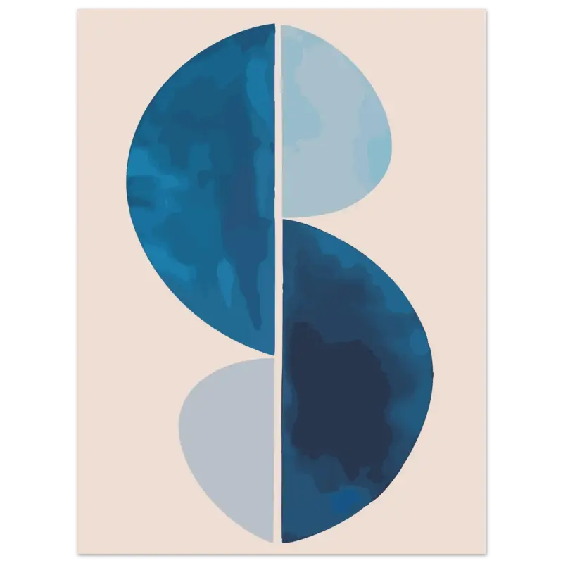 Impression abstraite mettant en scène deux demi-cercles semi-transparents, verticalement divisés et superposés, dans des nuances variées de bleu sur un fond beige doux.