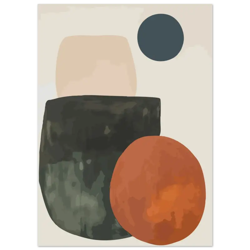 Impression d’art moderne abstrait mettant en scène un cylindre texturé gris foncé, une forme circulaire orange aux tons dégradés subtils, et un rectangle beige mat sur un fond blanc cassé doux.