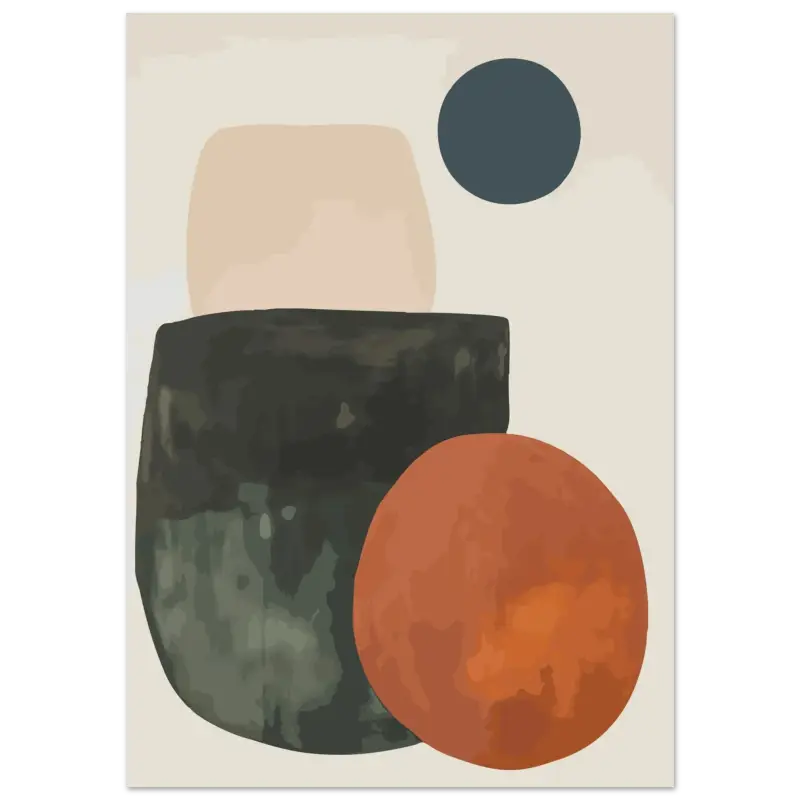 Impression d’art moderne abstrait mettant en vedette un rectangle texturé gris foncé, une forme circulaire orange avec des tons de dégradé subtils, et une forme arrondie beige muet sur un fond blanc cassé doux.