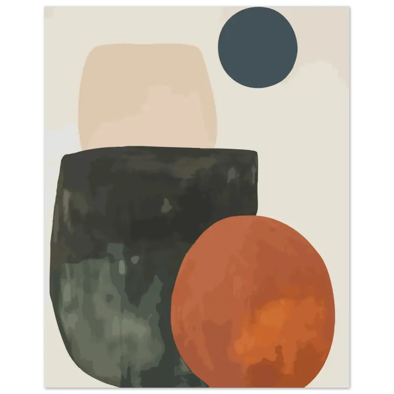 Impression d’art moderne abstrait mettant en scène des formes géométriques superposées en beige feutré, charbon de bois sombre aux nuances vertes et orange chaud sur un fond doux blanc cassé.