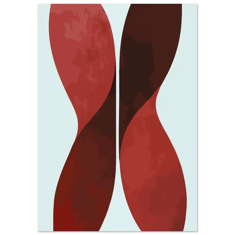 Œuvre d’art abstrait présentant deux formes fluides et entrelacées en rouge profond et marron foncé sur un fond bleu clair.