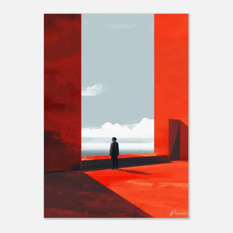 Une œuvre d’art numérique minimaliste mettant en scène une figure solitaire se tenant entre deux murs rouges imposants, contemplant un océan serein sous un ciel pâle.