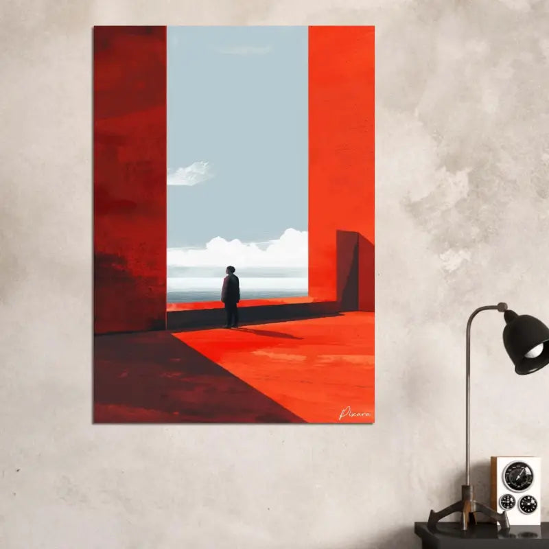 Toile d’art abstrait rouge et orange mettant en scène une silhouette solitaire se tenant entre des structures verticales imposantes sous un ciel bleu pâle.