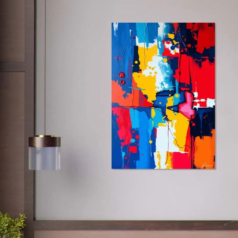 Peinture abstraite sur toile vibrante présentant des éclaboussures audacieuses de bleu, rouge, jaune et orange avec des coups de pinceau dynamiques et des gouttes.