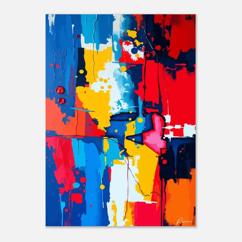 Peinture abstraite sur toile vibrante présentant des éclaboussures audacieuses de bleu, rouge, jaune et orange avec des coups de pinceau texturés.