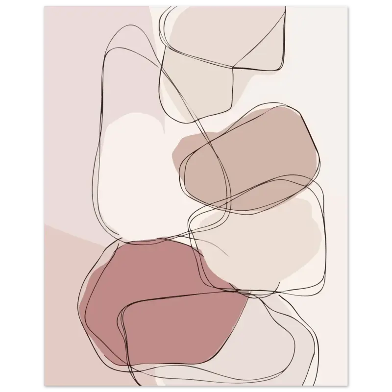 Impression d’art abstrait mettant en vedette des formes en beige doux, rose poudré et brun muet délimitées par de fines lignes noires.