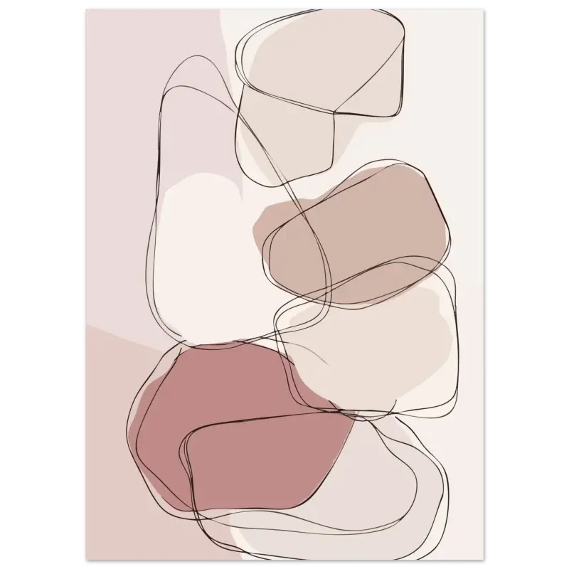 Impression d’art abstrait mettant en scène des formes organiques superposées en tons beige doux et rose atténué, soulignées de fines lignes noires.
