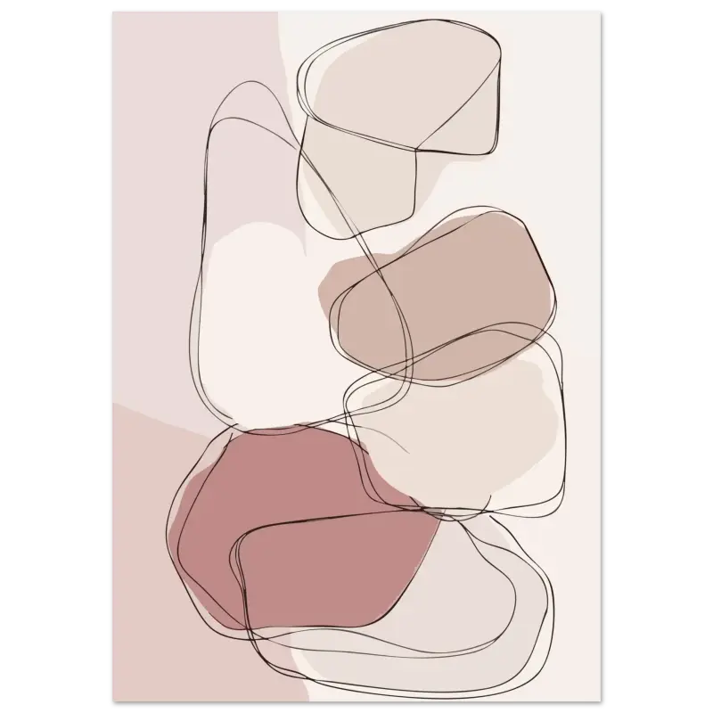 Impression d’art abstrait mettant en scène des formes organiques superposées en tons doux de rose poudré, taupe et crème, soulignées de fines lignes noires.