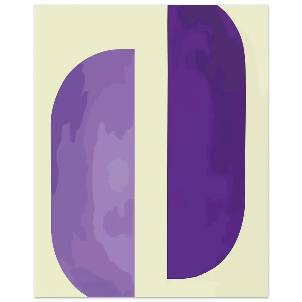 Une lettre ’d’ stylisée violette avec un effet de dégradé, divisée verticalement en deux tons — lavande plus clair à gauche et violet plus profond à droite.