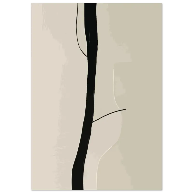 Peinture abstraite minimaliste présentant un trait vertical noir audacieux sur un fond beige doux.