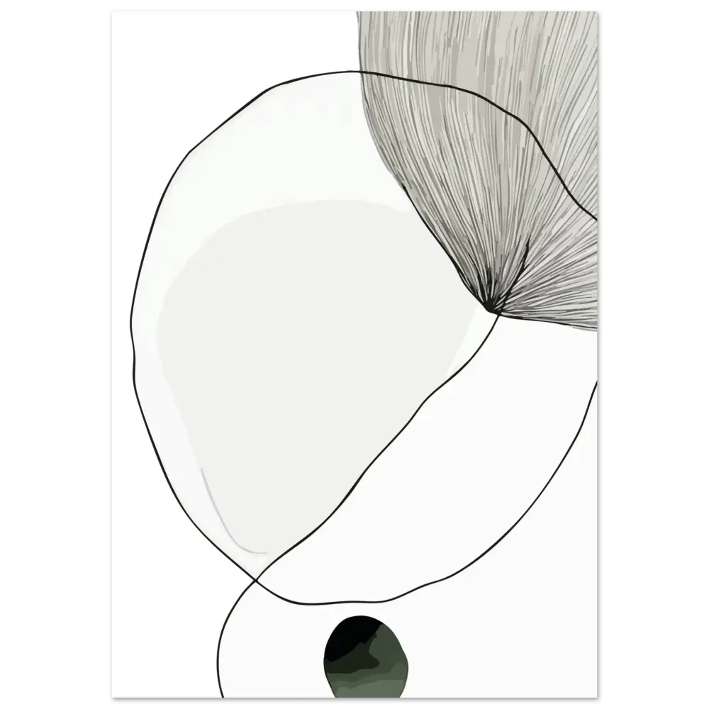 Œuvre d’art minimaliste abstraite mettant en scène des lignes noires fluides et un ombrage gris doux sur un fond blanc.