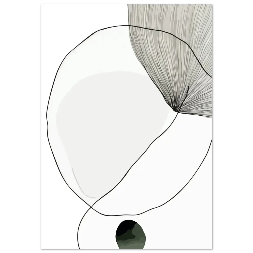 Impression d’art abstrait minimaliste mettant en scène des formes organiques gris clair et noir sur un fond blanc épuré.