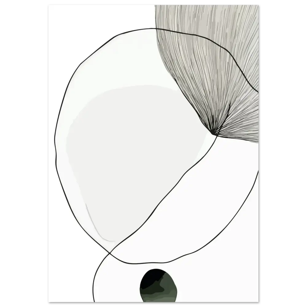 Impression d’art minimaliste abstrait mettant en scène des formes organiques en gris doux et noir sur un fond blanc épuré.