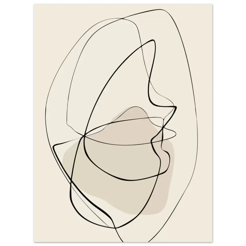 Portrait abstrait en art linéaire sur une toile de couleur crème, avec des contours noirs audacieux et un ombrage beige doux.