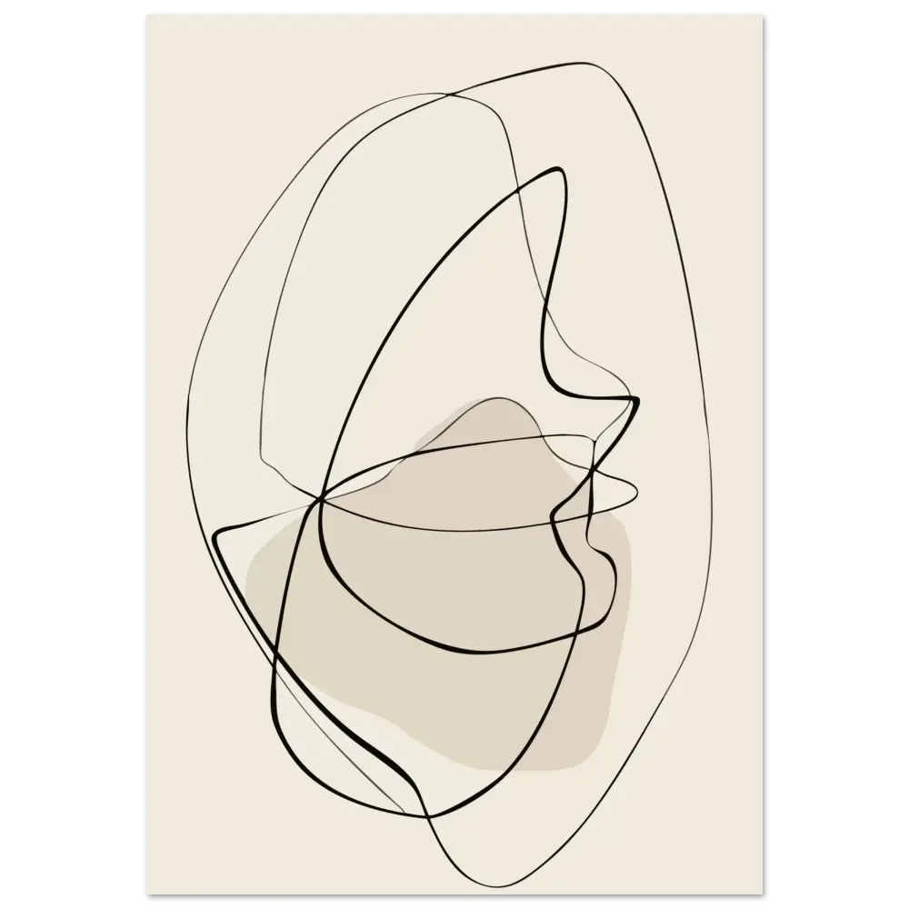 Portrait abstrait en art linéaire sur une toile de couleur crème, avec des contours noirs audacieux et un ombrage beige doux.