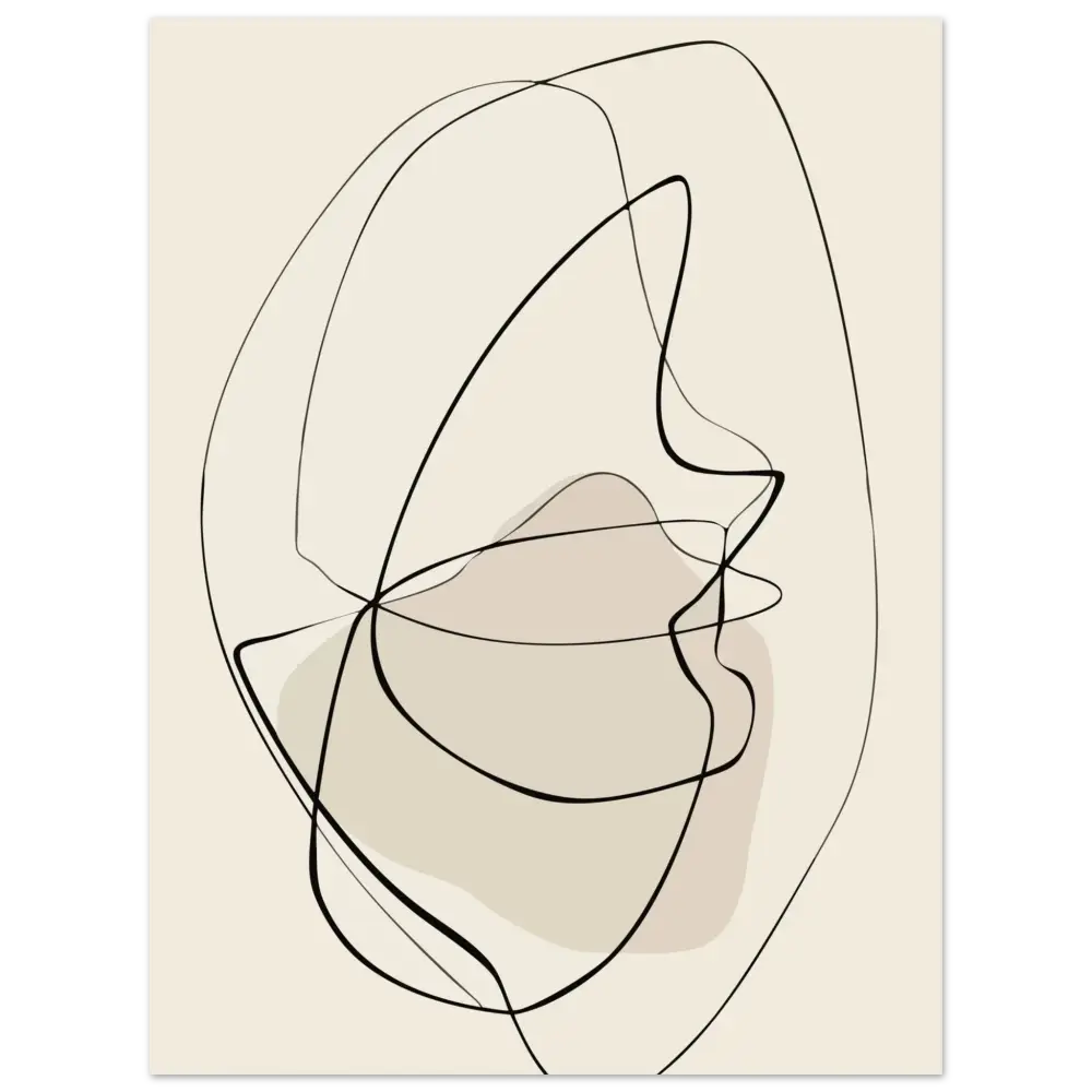 Portrait abstrait en art linéaire sur une toile de couleur crème, avec des contours noirs audacieux et un ombrage beige doux.