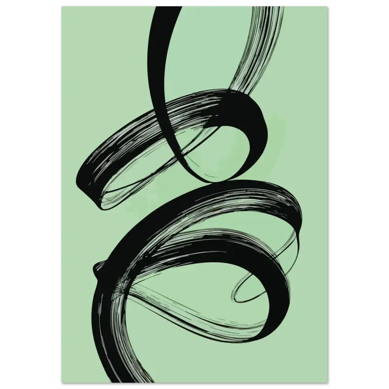 Œuvre d’art abstraite avec un coup de pinceau noir sur un fond vert menthe.