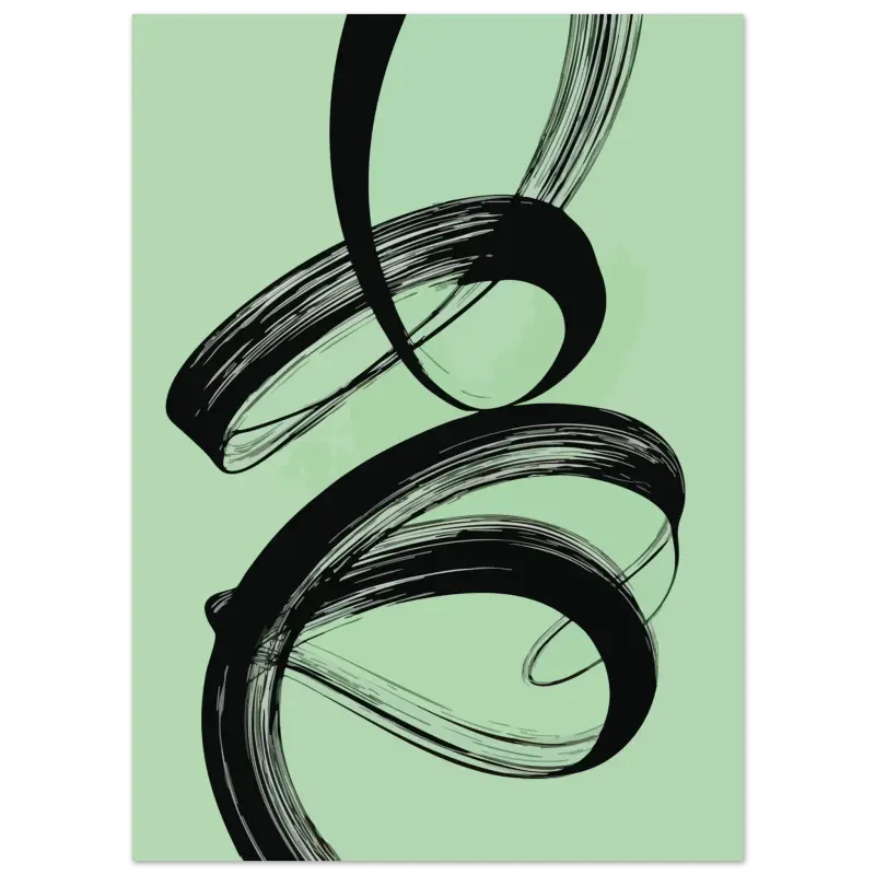 Art abstrait au pinceau noir sur un fond vert menthe.