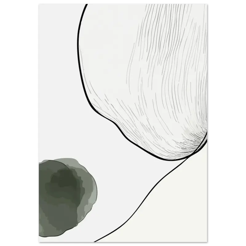 Œuvre d’art minimaliste abstraite présentant une grande forme blanche à ombrage doux avec de fines lignes de contour noires et une petite tache d’aquarelle verte atténuée.